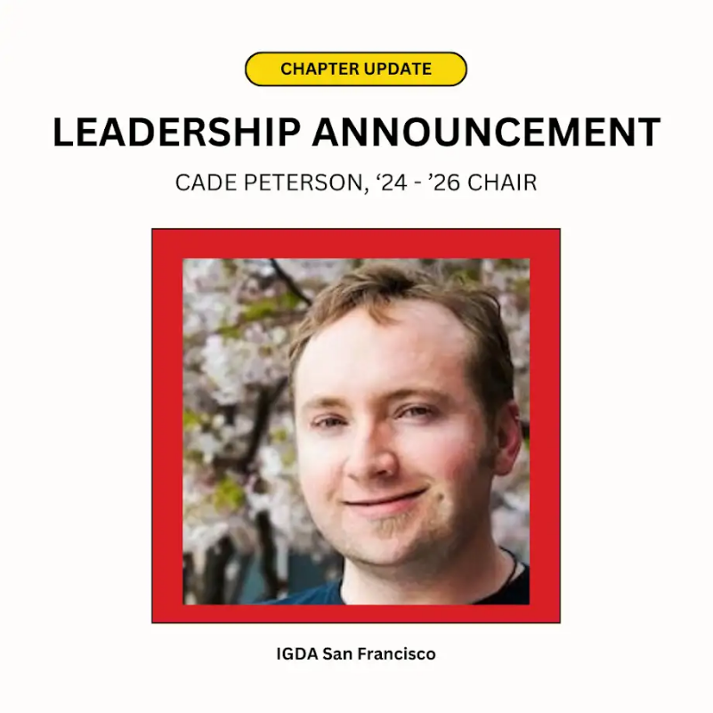 IGDA_SF_Chapter's tweet photo. 🚨 Update in the IGDA SF Chapter 🚨 
 
 👋 Welcome Cade as Chair: We are proud to announce that our very own Cade Peterson will be leveling up to be the next Chair for our chapter! 

Thank you Vic for all you've done for the chapter! https://t.co/iuxrcgkLeZ