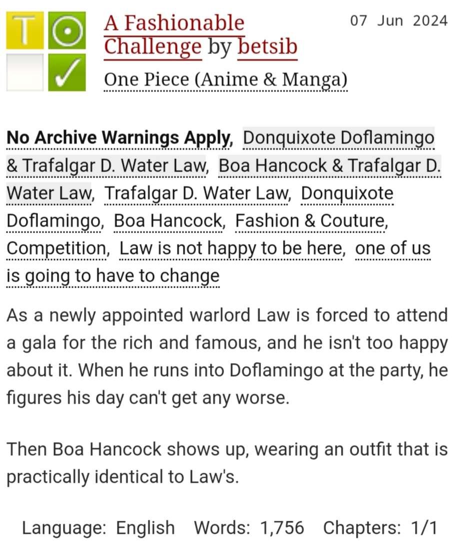 I wrote this fic for the <a href="/opmetgalazine/">Wealth, Fame, Power</a> 

archiveofourown.org/works/56461144