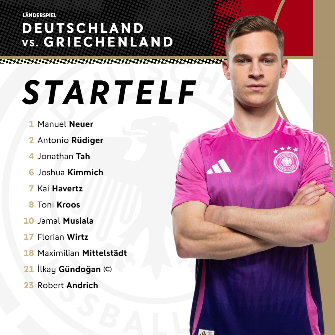 Das ist unsere Startelf gegen Griechenland! 💥

#dfbteam #GERGRE 
📸 DFB/ Thomas Böcker