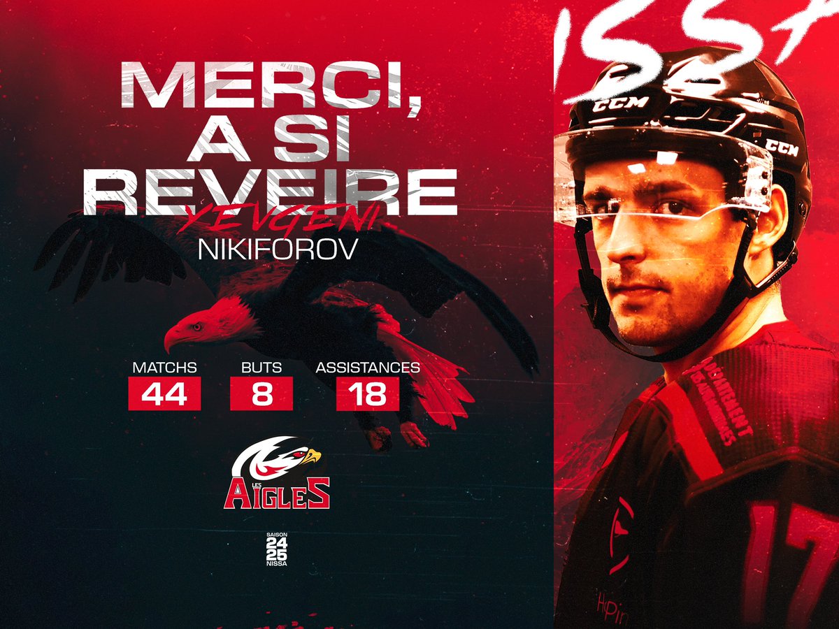 🔴⚫️ Après une saison sur la Côte d'Azur, 𝗬𝗲𝘃𝗴𝗲𝗻𝗶 𝗡𝗶𝗸𝗶𝗳𝗼𝗿𝗼𝘃 (44 matchs, 8 buts, 18 assistances) va prendre un nouveau départ ! 

𝙔𝙚𝙫𝙜𝙚𝙣𝙞, la grande famille des Aigles te souhaite le meilleur dans ta nouvelle aventure ! 👋

#AllezlesAigles #Prenonsnotreenvol