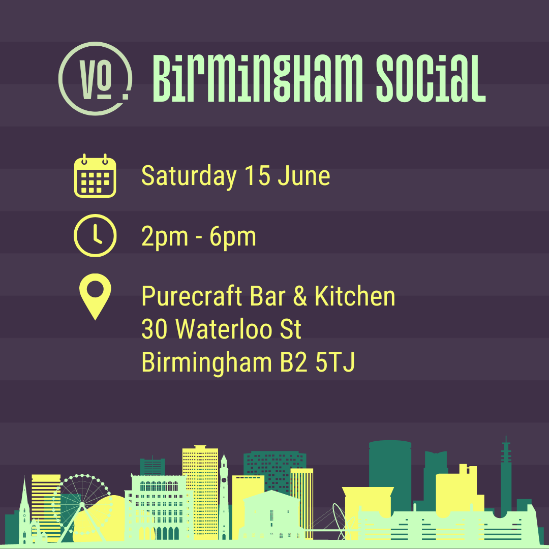 COMING SOON...

The Midlands Voiceover Social (in Birmingham)

🗓️ Saturday 15 June
⏰ 2pm - 6pm
📍 Purecraft Bar &amp; Kitchen, 30 Waterloo St, Birmingham B2 5TJ

More info in the Midlands FB group or on our website thevosocial.com/events