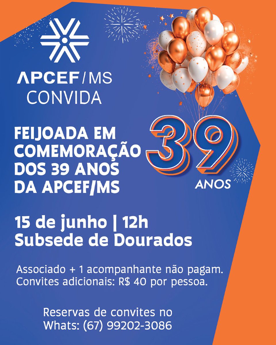 apcefms's tweet photo. Para comemorar os 39 anos de fundação, a Apcef/MS vai realizar a tradicional feijoada no dia 15 de junho, a partir das 12h, na subsede em Dourados. Todos os empregados ativos, aposentados e pensionistas associados estão convidados. 

#apcef #apcefms #caixa #fenae https://t.co/CzL42PjIkE