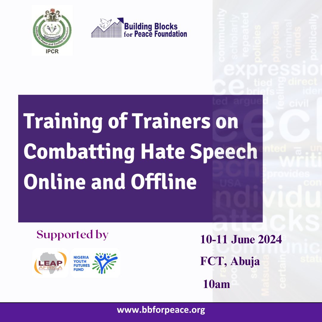 Dorkong Rimdan (@iamdorkong) on Twitter photo I will be attending the training on Combatting Hate Speech Online and Offline, organized by <a href="/IpcrNigeria/">IPCR Nigeria</a> and <a href="/bbforpeace/">Building Blocks for Peace</a>, supported by <a href="/ng_youthfund/">Nigeria Youth Futures Fund</a>
I will be equipped with the right tools to identify and combat harmful narratives online and offline to attain #TheNigeriaWeWant I will be attending the training on Combatting Hate Speech Online and Offline, organized by <a href="/IpcrNigeria/">IPCR Nigeria</a> and <a href="/bbforpeace/">Building Blocks for Peace</a>, supported by <a href="/ng_youthfund/">Nigeria Youth Futures Fund</a>
I will be equipped with the right tools to identify and combat harmful narratives online and offline to attain #TheNigeriaWeWant