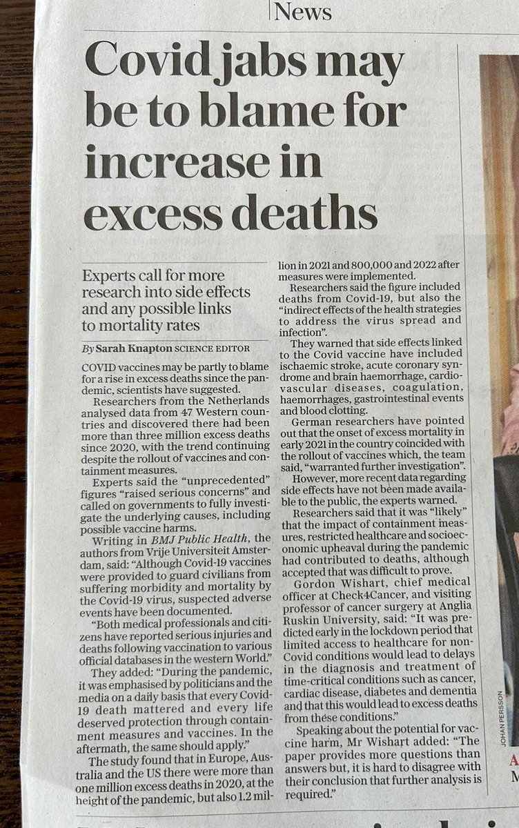 In <a href="/TheTelegraph__/">The Telegraph</a> van 4/6/24 schrijft <a href="/sarahknapton/">Sarah Knapton 🐳</a> dat Covid-vaccins mogelijk hebben bijgedragen aan stijging in #oversterfte. 

Wetenschappers/artsen pleiten voor meer onderzoek: 

langetermijnbijwerkingen en hun mogelijke verband met sterftecijfers
 
👉artsencollectief.nl/covid-vaccins-…