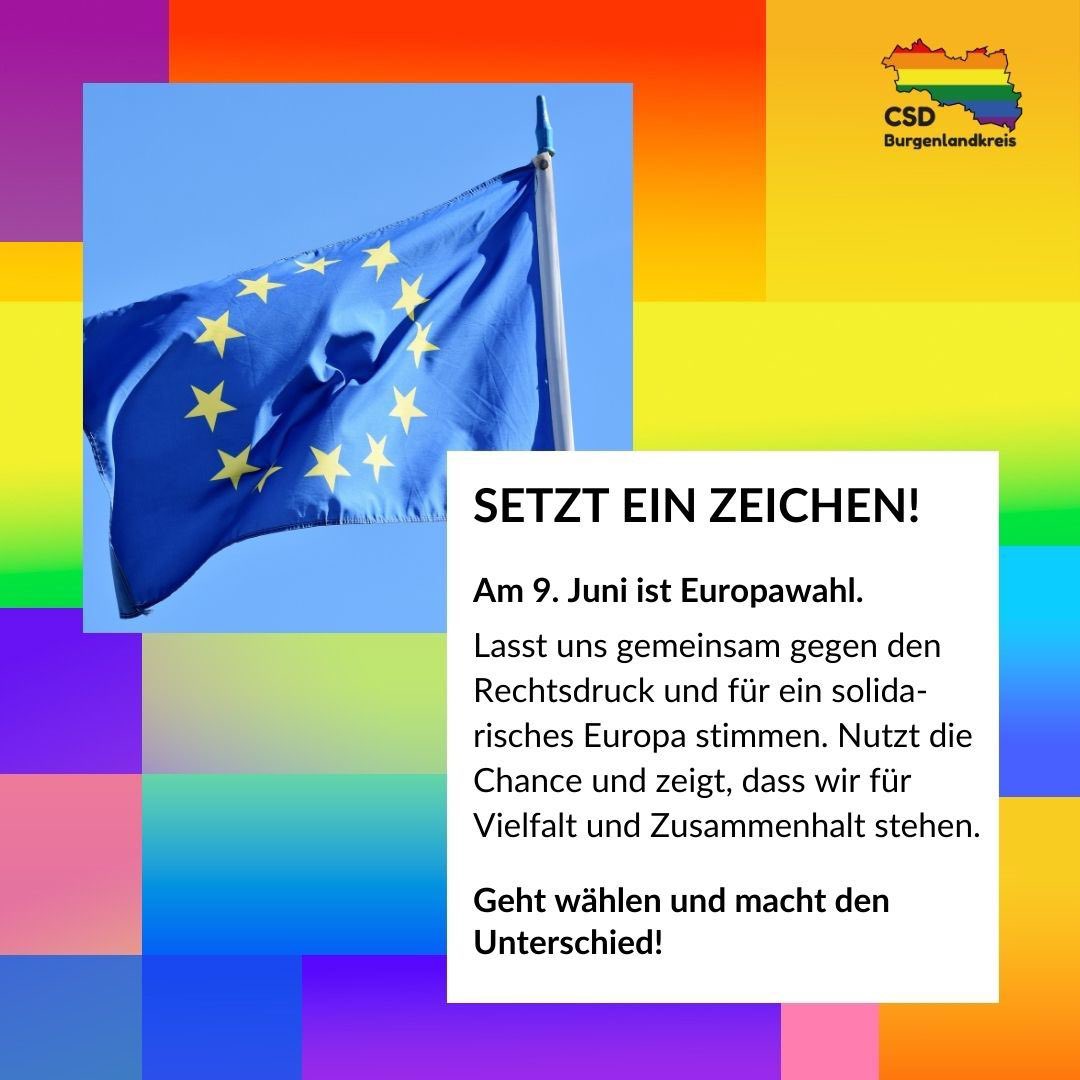 Am 9. Juni ist Europawahl. 
Lasst uns gemeinsam gegen den
Rechtsdruck und für ein solidarisches Europa stimmen. Nutzt die Chance und zeigt, dass wir für Vielfalt und Zusammenhalt stehen. 

Geht wählen und 
macht den Unterschied! 

#europawahl #europawahl2024 #wahl #europa #eu