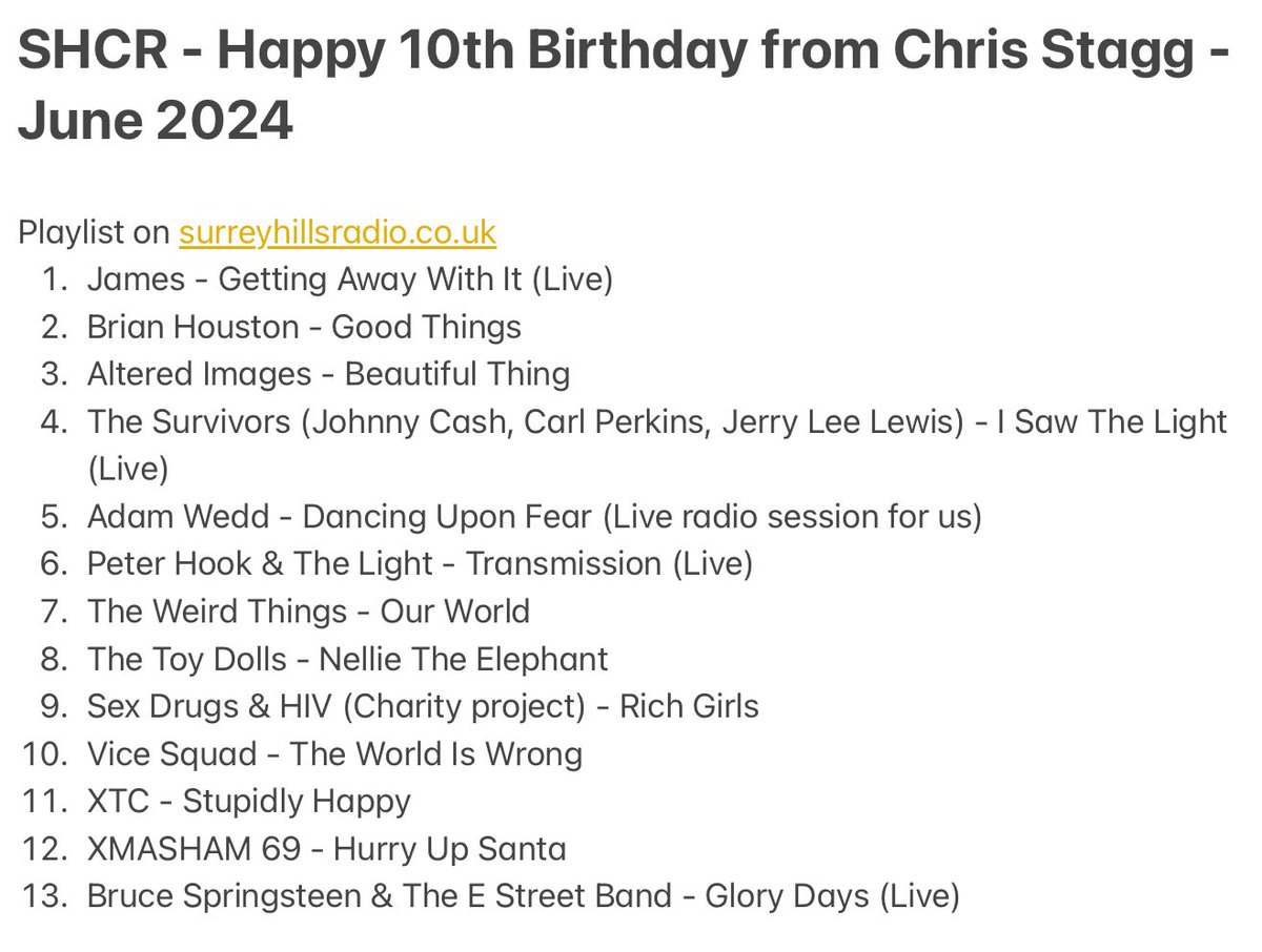 ChrisStagg13's tweet photo. My one-hour #radio show contribution for the 10th Birthday celebrations for @sryhilsradio - some, of very many, highlights from my own 10 years Presenting! Playlist attached, to Hear Here: https://t.co/GNKzidUHX1 https://t.co/YxLkJaihbM