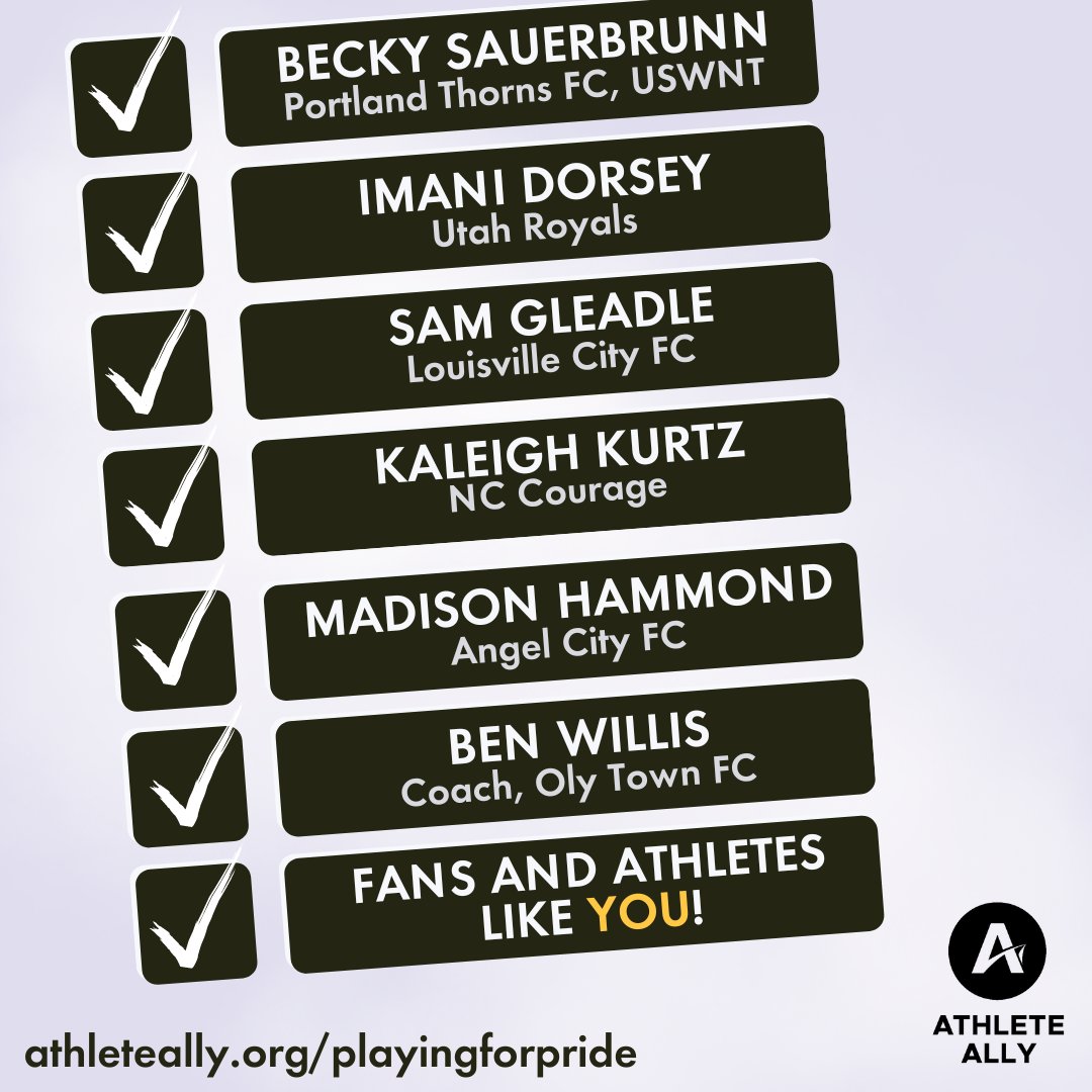 Take a look at some of the <a href="/NWSL/">National Women’s Soccer League</a> &amp; <a href="/USLChampionship/">USL Championship</a> players who are #PlayingforPride! Follow along, match their gifts, or join them! Proceeds support <a href="/AthleteAlly/">Athlete Ally</a>'s work to bring resources on LGBTQI+ inclusion to players, coaches &amp; administrators. athleteally.org/playingforpride