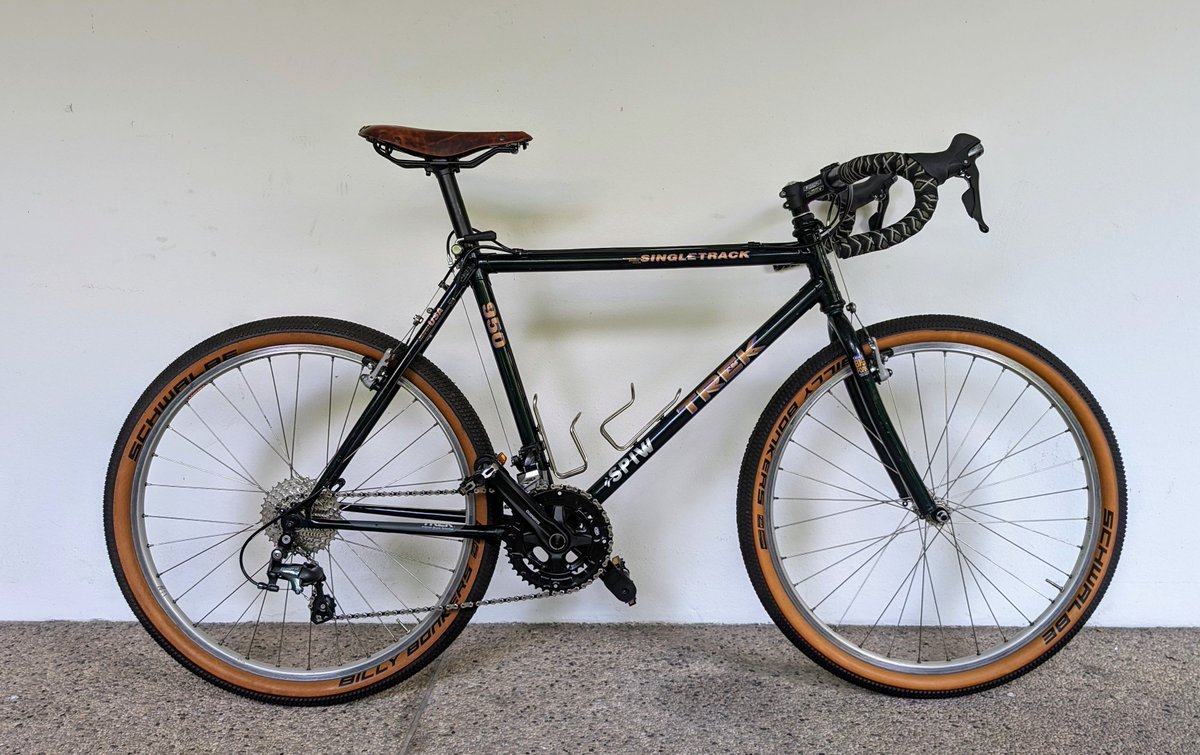 SPIW10's tweet photo. We are proud to present the latest work, the transformation of a 1992 Trek 950 Singletrack into a Gravel ATB! ! #gravel #ATB #bikepacking #LifetheUniverseandEverything https://t.co/QwnYqEBoSt