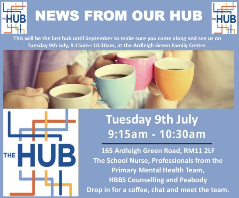 HylandsPrimary's tweet photo. News from the Hub…our next Hub is on Tuesday 9th July at 9.15am. It will be our last Hub before the summer break so come along and meet the team.
#hylandscommunity #HCVcompassion #nelft #schoolnurse #pmht #hbbs #peabody. https://t.co/N545xEkII6