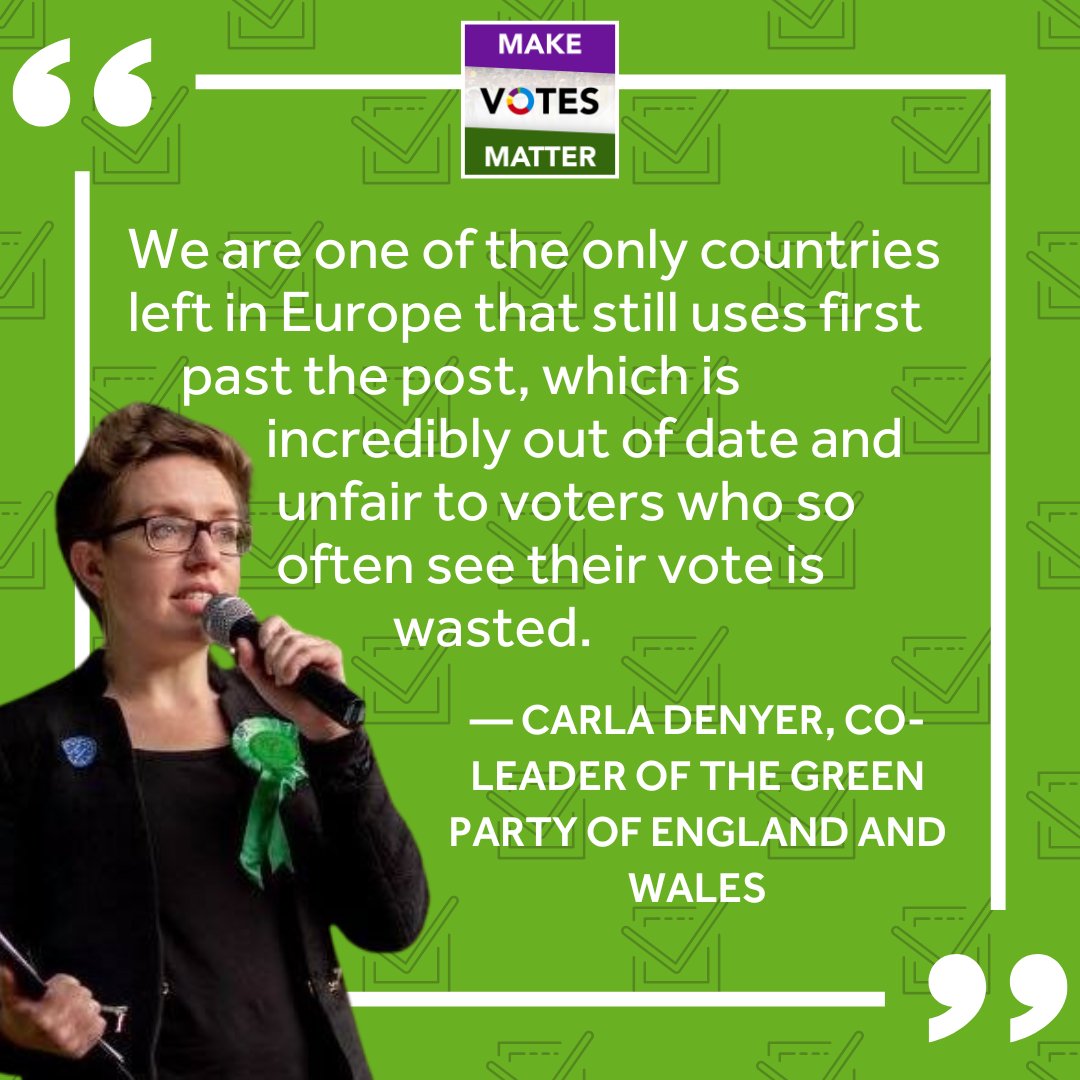 "We are one of the only countries left in Europe that still uses first past the post, which is incredibly out of date and unfair to voters who so often see their vote is wasted."

The <a href="/TheGreenParty/">The Green Party</a>'s <a href="/carla_denyer/">Carla Denyer</a> showing her support for #ProportionalRepresentation!