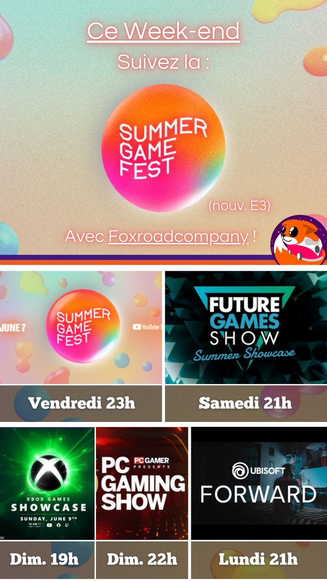 Takkyma_'s tweet photo. Je reviens en live pour la Summer Game Fest ! 
Venez suivre l'événement avec la FoxroadCompany !! 
https://t.co/QGtAapMZrh
#twitchfr #stream #streamfr #gaming #xbox #ubisoft #pc https://t.co/gBo13DcrNi