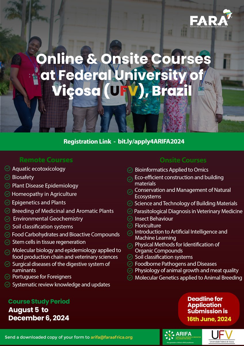 FARAinfo's tweet photo. It's that time again! 
The #ARIFA Fellowship programme scholarships are up for grabs!
Submit your applications to https://t.co/HDHOVGD9CH by June 16 2024 to stand a chance of a fully funded Online/Remote Course study with the The Federal University of Viçosa @ufvbr in Brazil https://t.co/zj23zW1dHG