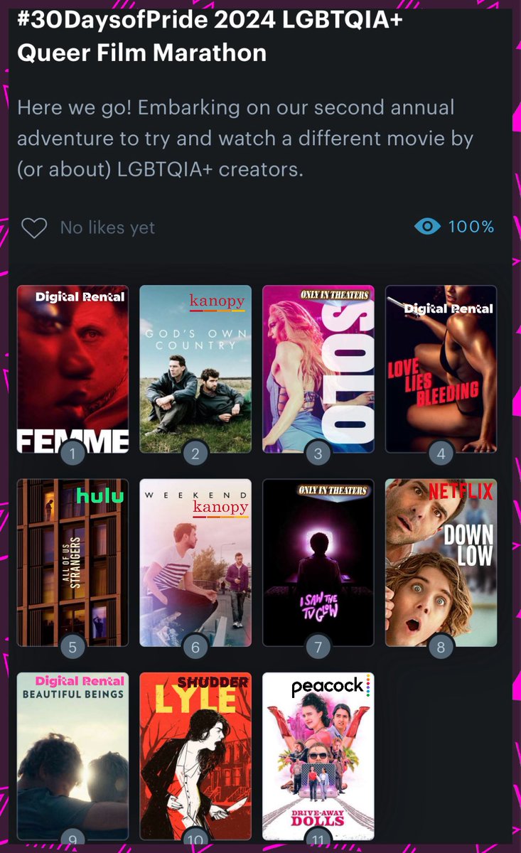 Sequins4thots's tweet photo. That’s a wrap on the first week of our #30daysofPride movie challenge! In 6 days we’ve watched 11 different movies by LGBTQIA+ creators or with queer/trans narratives! Here’s a ranking of what we watched and where to find it! Follow along on Letterboxd: https://t.co/hYb0btprBz https://t.co/TUoHXSbGBJ