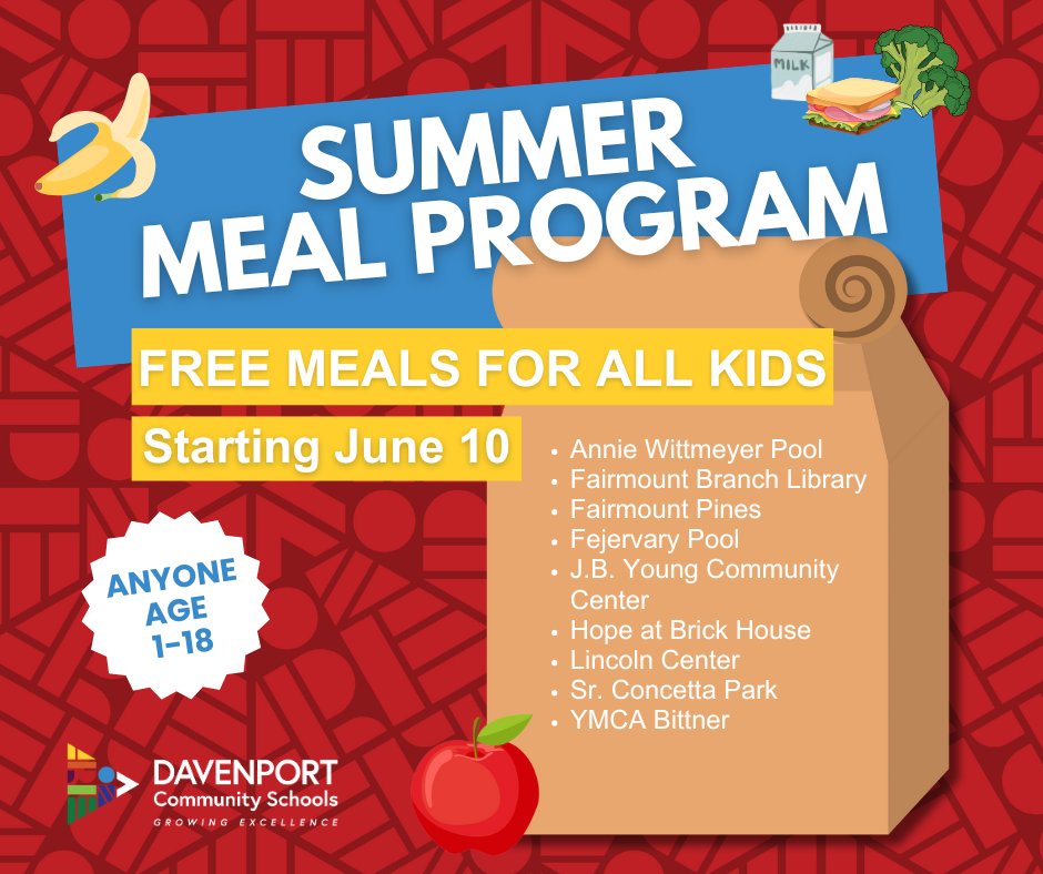 🥪🍎 The Davenport Summer Meal Program kicks off June 10! 🍎🥪 Menu and Locations 👉 bit.ly/3XgBKOB

All kids aged 1-18 can enjoy FREE breakfast and lunch‼️ The following locations open June 10. 👇
