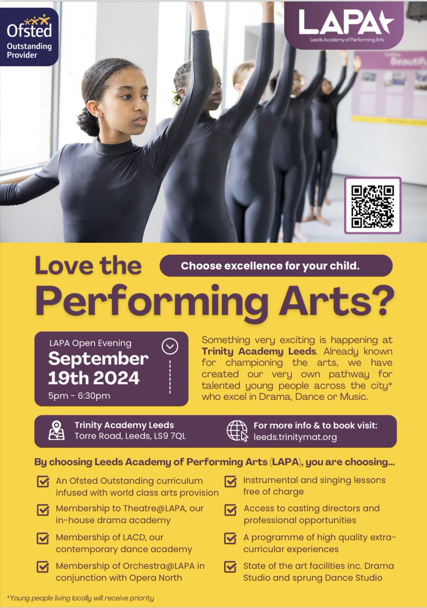 It’s here. 

A phenomenal opportunity for budding performers to be supported to flourish and achieve through the Arts. 

At TAL we champion the importance of drama, dance and music and believe In their transformational power! 

Interested? Find out more. ⬇️💜🌟