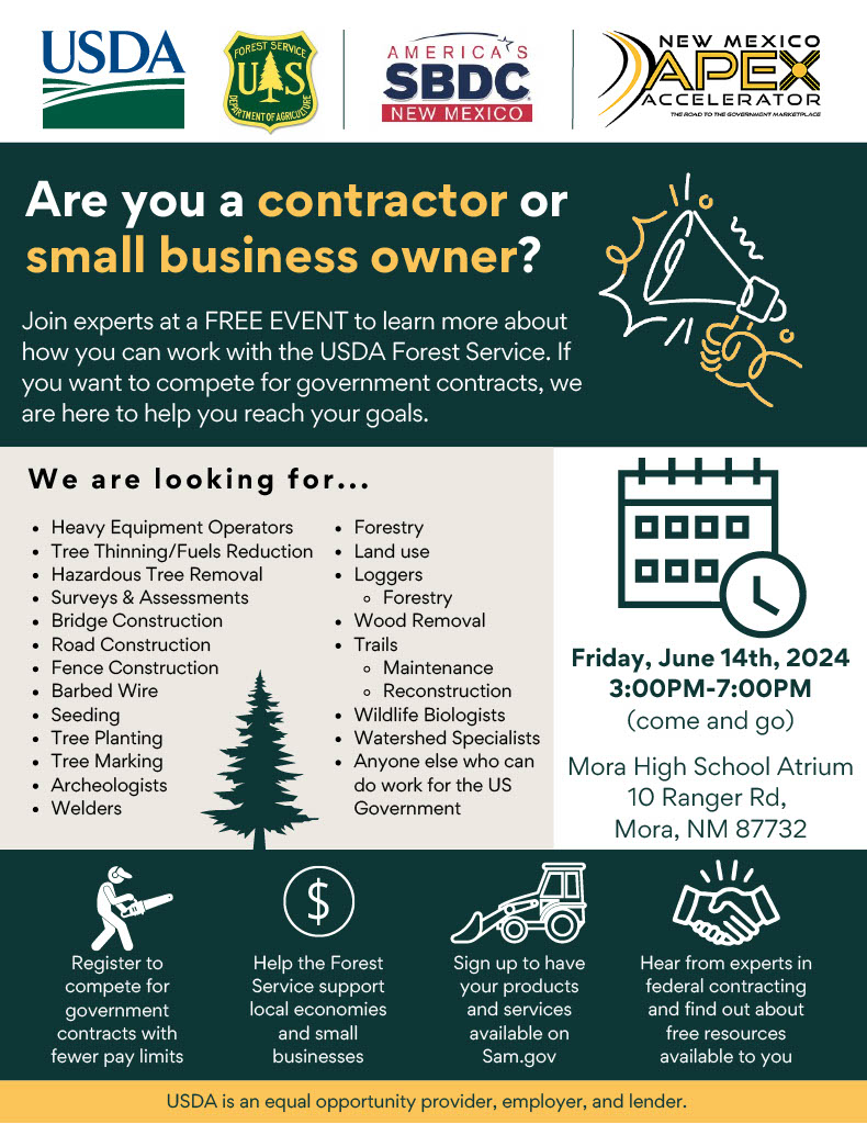 SantafeNF's tweet photo. Calling all local contractors and small business owners! This workshop is an opportunity for partners to connect with local contractors for future recovery work within the Hermit’s Peak Calf Canyon (HPCC) burned area. https://t.co/gvb4uK3h5o