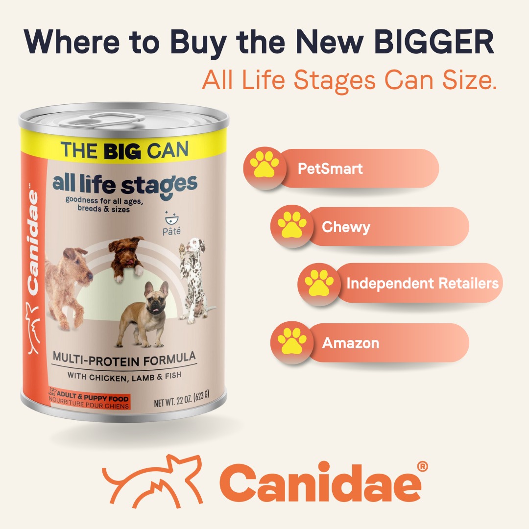CanidaePetFood's tweet photo. 🐾 Exciting News for Pet Parents! 🐾

Canidae's All Life Stages Multi-Protein and Chicken Meal and Rice wet food now comes in a BIGGER can size! 🎉 Whether you have a playful pup or a sophisticated senior, our new can size ensures every meal is packed with the nutrition they need https://t.co/l5TYFCIzW1