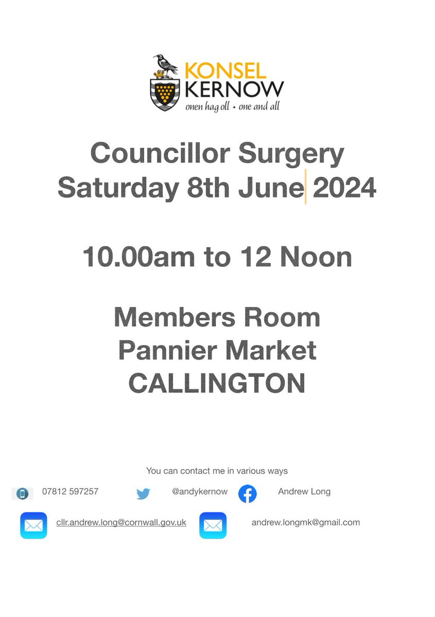 Tomorrow i am holding a <a href="/CornwallCouncil/">@cornwallcouncil</a> Surgery at <a href="/CallingtonTC/">Callington TC</a> Pannier Market from 10am to 12 noon <a href="/MebyonKernow/">The Party for Cornwall</a>