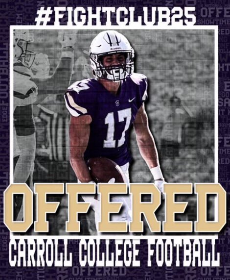 After a great talk with <a href="/CoachPfanny/">Alex Pfannenstiel</a> I am blessed to receive an offer to Carroll College! 💜🤍 <a href="/CoachTPurcell/">Coach Troy Purcell</a> <a href="/FootballCarroll/">Carroll College Football</a>