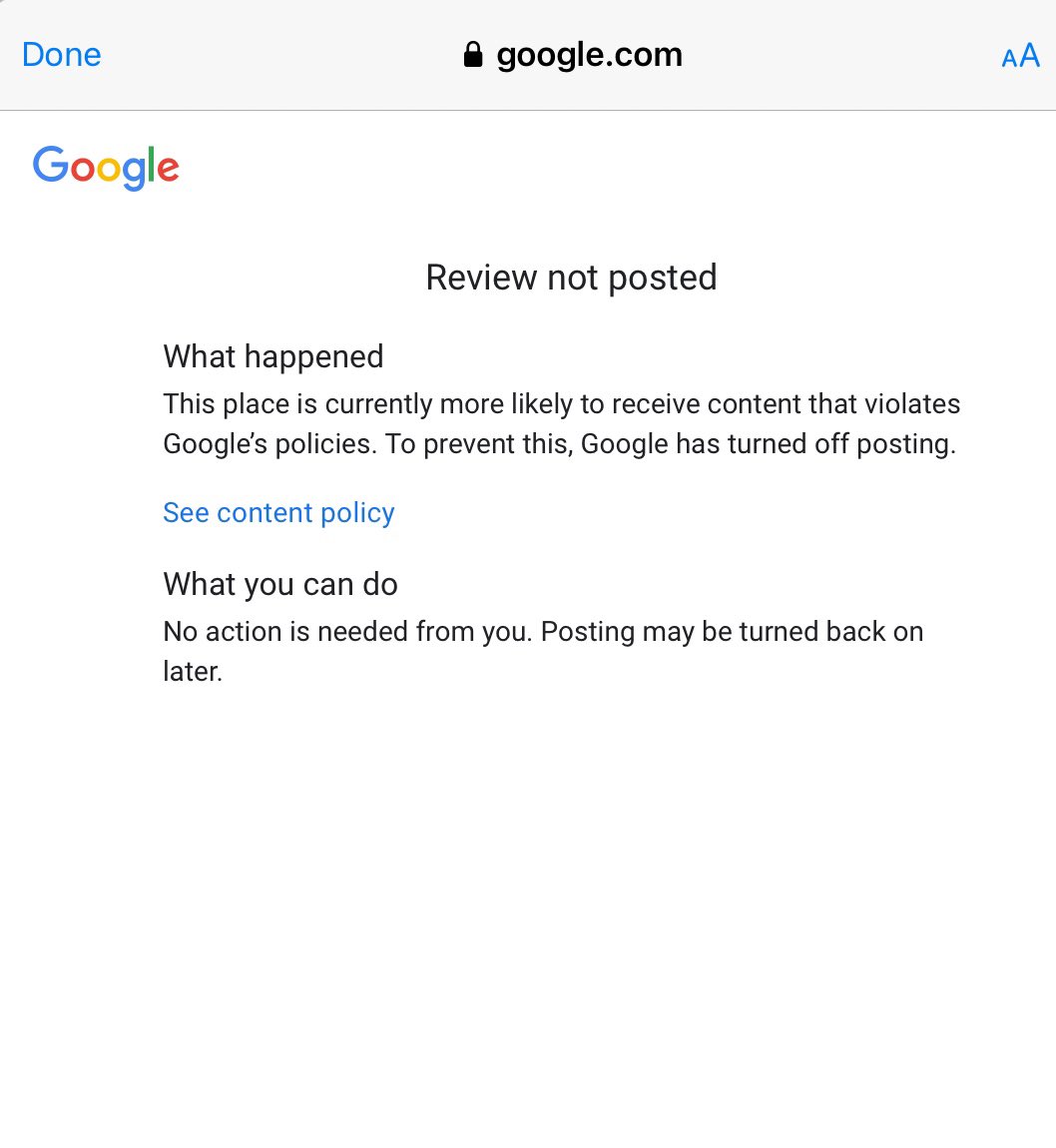 gmaximum's tweet photo. So, for all its much vaunted AI, @googlemaps still can’t differentiate genuine reviews from those that “violate Google’s policies”.
Astonishing. https://t.co/NCzKFJPvJ1