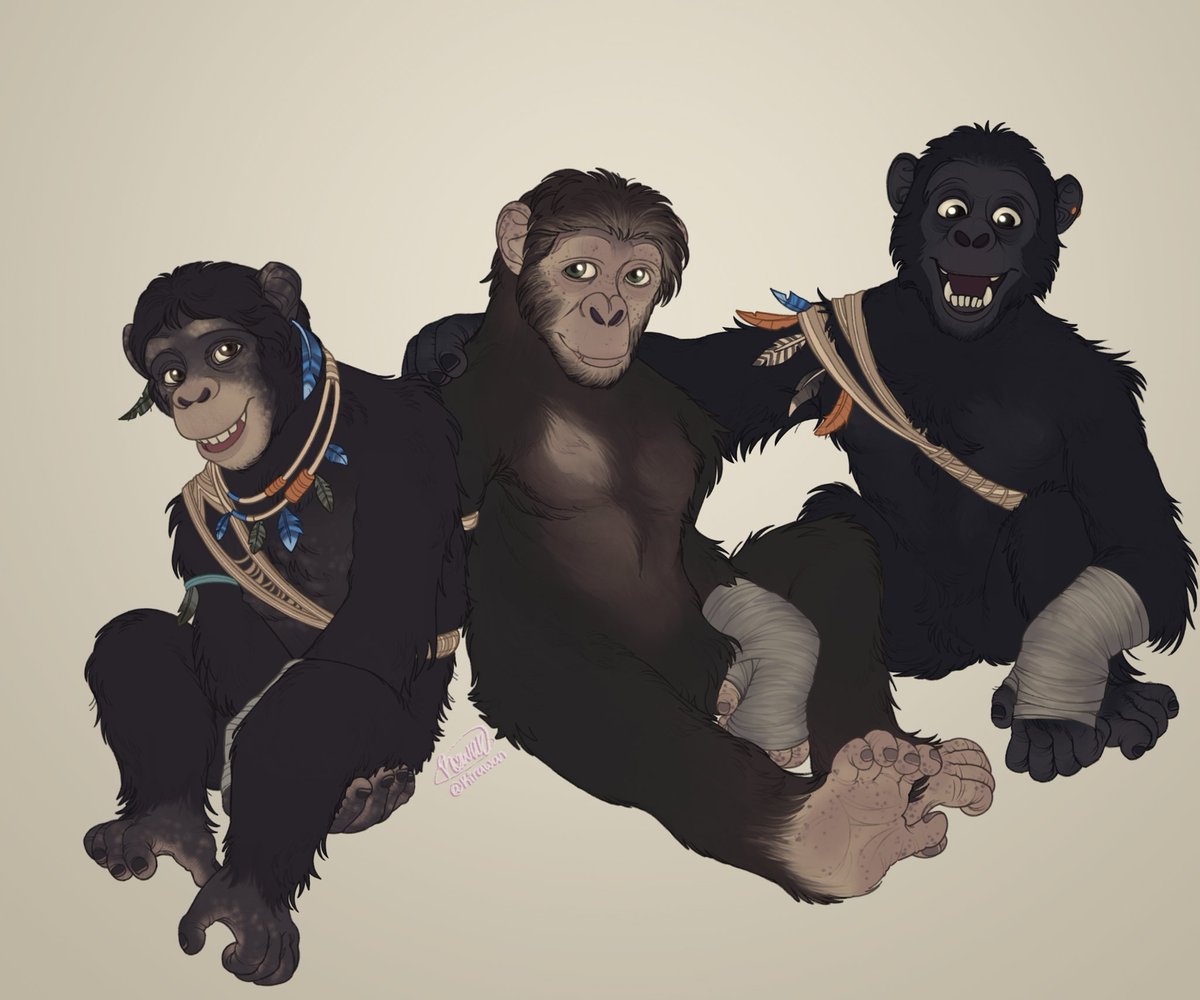 kira_wan_'s tweet photo. SUNSET TRIOOOO (it's my first time drawing apes, bear with me😭😭) #KingdomofthePlanetoftheApes #KOTPOTA #PlanetoftheApes #POTA #noa #soona #anaya https://t.co/XcOjztextB
