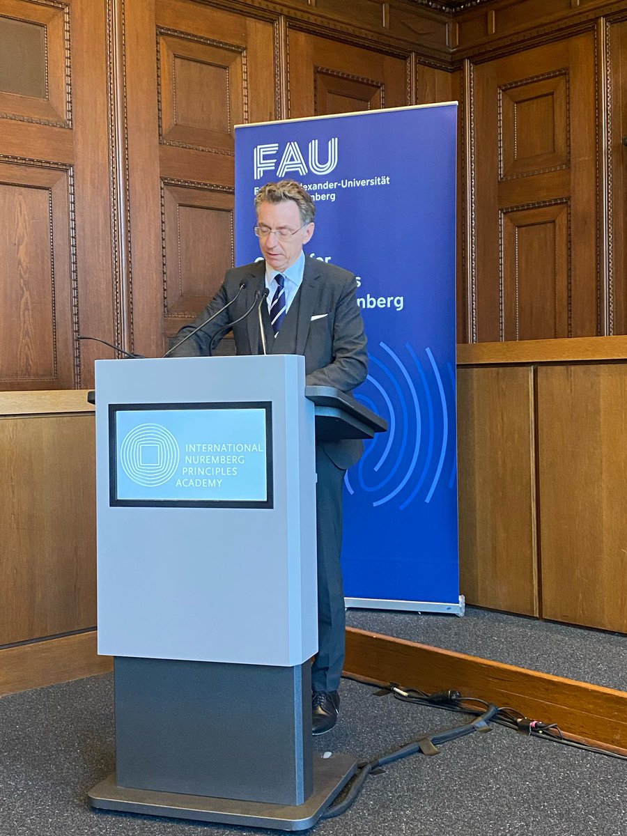 Hornegger's tweet photo. Excited to welcome everyone to today's panel discussion on #HumanRights Courts in Africa, the Americas, and Europe: Trends and Challenges. #FAU and @NurembergAcadem are happy to host this event in the historic Courtroom 600 at the Nürnberg Palace of Justice. @UniFAU https://t.co/bKXjH646CU