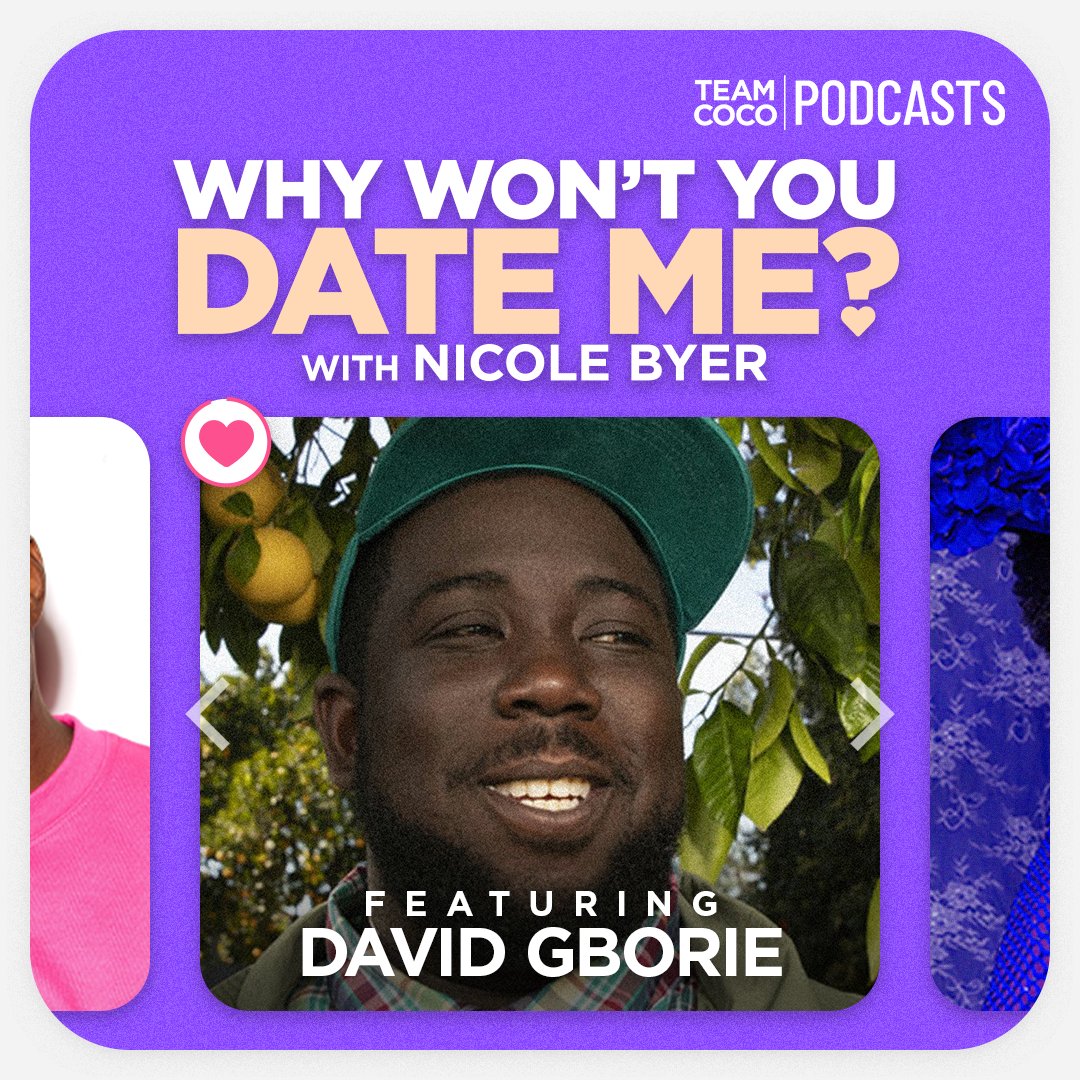 TeamCoco's tweet photo. Today on #WWYDM comedian David Gborie joins @NicoleByer to discuss why two comedians can't date, how women improve the lives of men, and looking like a pervert at The Nutcracker. Listen: https://t.co/Xnwhj8dr0u https://t.co/ng4lJYJUMf