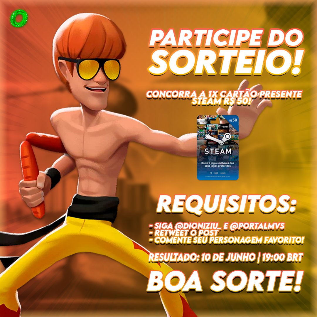 Sorteio em parceria com a <a href="/PortalMVS/">Portal MultiVersus 🇧🇷</a>!!!
Concorra a 1X Cartão Presente da Steam de R$50,00! 

Requisitos:  

1- Estar seguindo <a href="/dioniziu_/">F4T dioniziu</a> (eu) e <a href="/PortalMVS/">Portal MultiVersus 🇧🇷</a>.
2- Retweetar o post;  
3- Comentar seu personagem favorito!

Resultado do sorteio será dia 10/06 às 19:00 BRT.
#multiversus