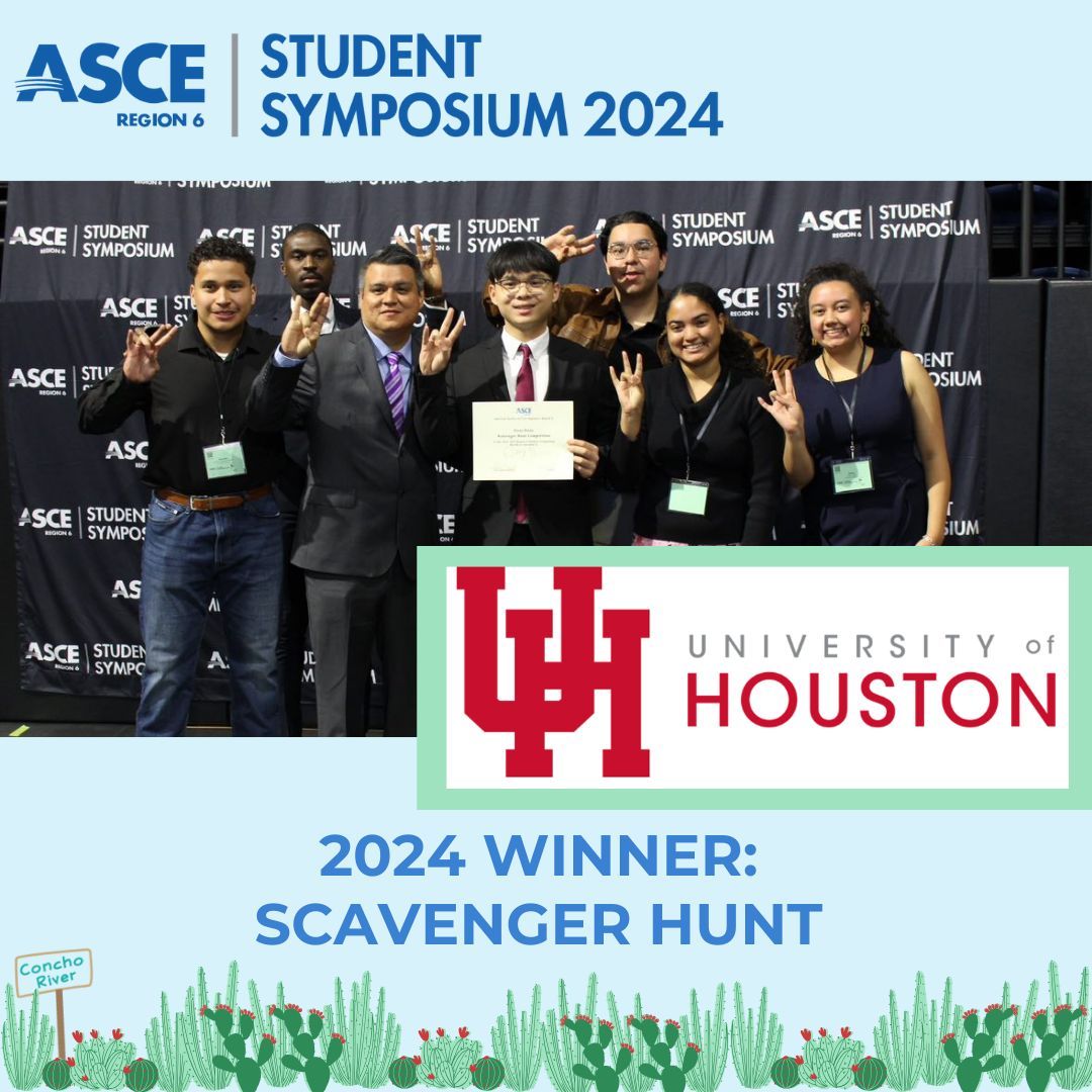 TEXASCEtweets's tweet photo. Join #TexASCE in congratulating the ASCE Region 6 Student Symposium 2024 Winner of the Scavenger Hunt, the University of Houston #UH #R6SYM24 #TexASCE https://t.co/BpFvQGF5hu