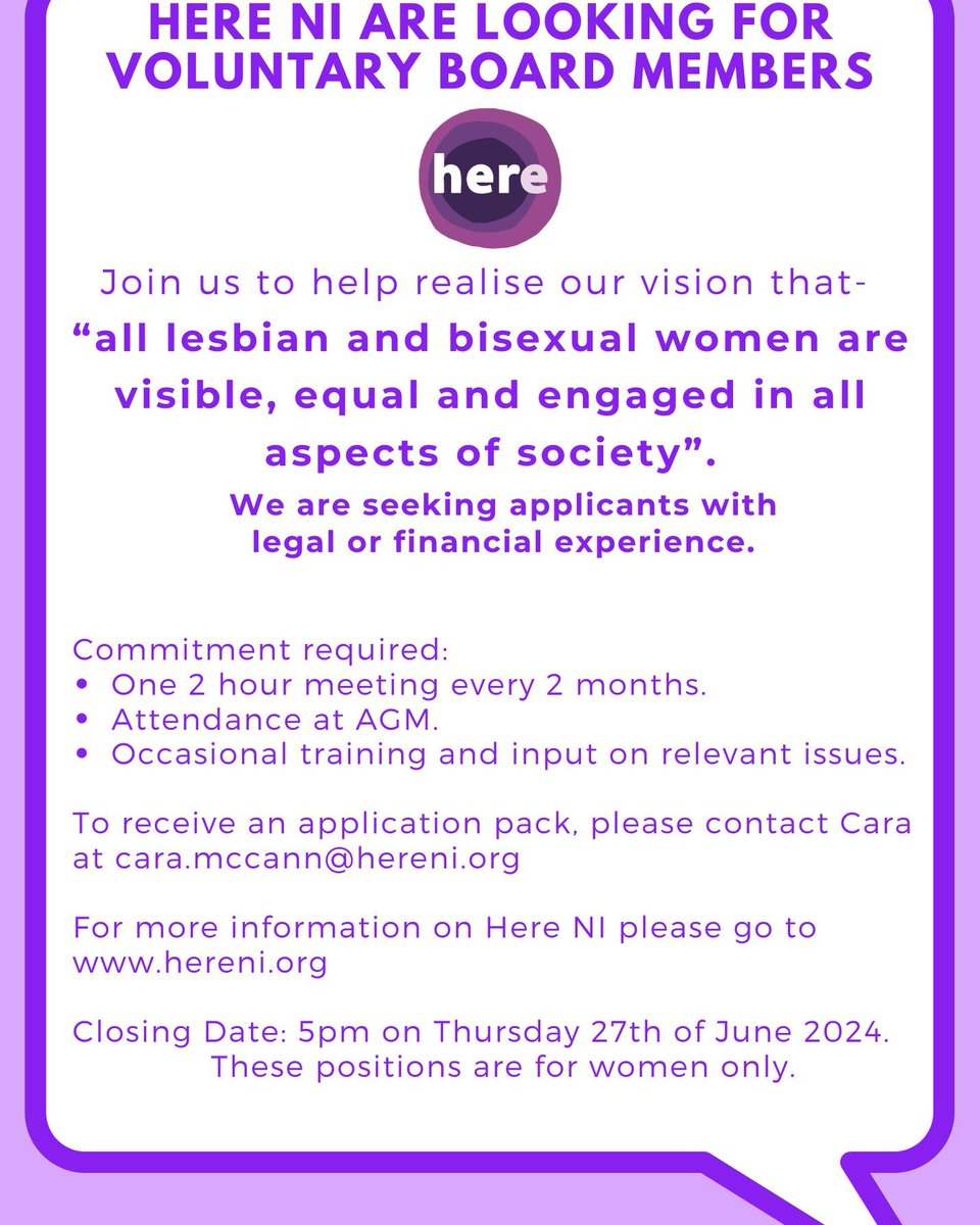 Here (@here_ni) on Twitter photo We are recruiting for new voluntary board members. If you’d like to be part of our amazing team please email cara.mccann@hereni.org for the application pack. We are recruiting for new voluntary board members. If you’d like to be part of our amazing team please email cara.mccann@hereni.org for the application pack.