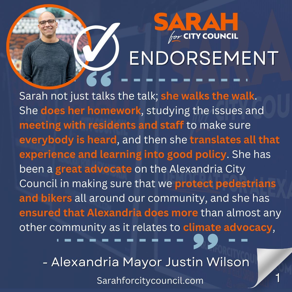 SarahforALX's tweet photo. I'm proud of all I've accomplished in my first term on the Alexandria City Council and am grateful for the recognition and endorsement from my colleague, Mayor Justin Wilson. Please join me in continuing this important work for a second term! #SarahforALX https://t.co/cWdhfYJrew