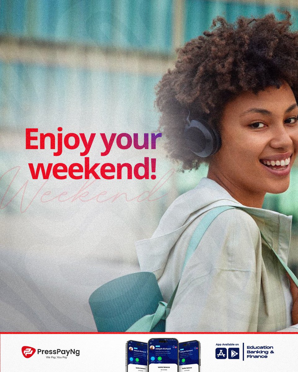 PressPayNg1's tweet photo. Weekend mode: ON β
π
Enjoy the break and make some great memories.
Relax, have fun, and enjoy the freedom from the weekly grind. πͺπΎβ¬οΈπ
#PressPayNg #studentloans #educationfinance #edusavings #eduloans #scholarship #tuitioncrowdfunding #freesoftskill #educationinsurance #studentHMO