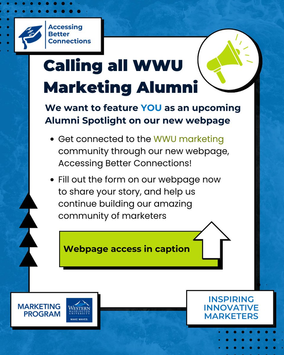 📣 WWU Marketing Alumni, we want to spotlight YOU! Visit our new webpage to be featured and connect with fellow alumni. Inspire students and discover ways to reengage with WWU. Share your story now: hubs.li/Q02zRTZg0

#wwu #wwumarketing #wwumarketingalumni #wwualumni