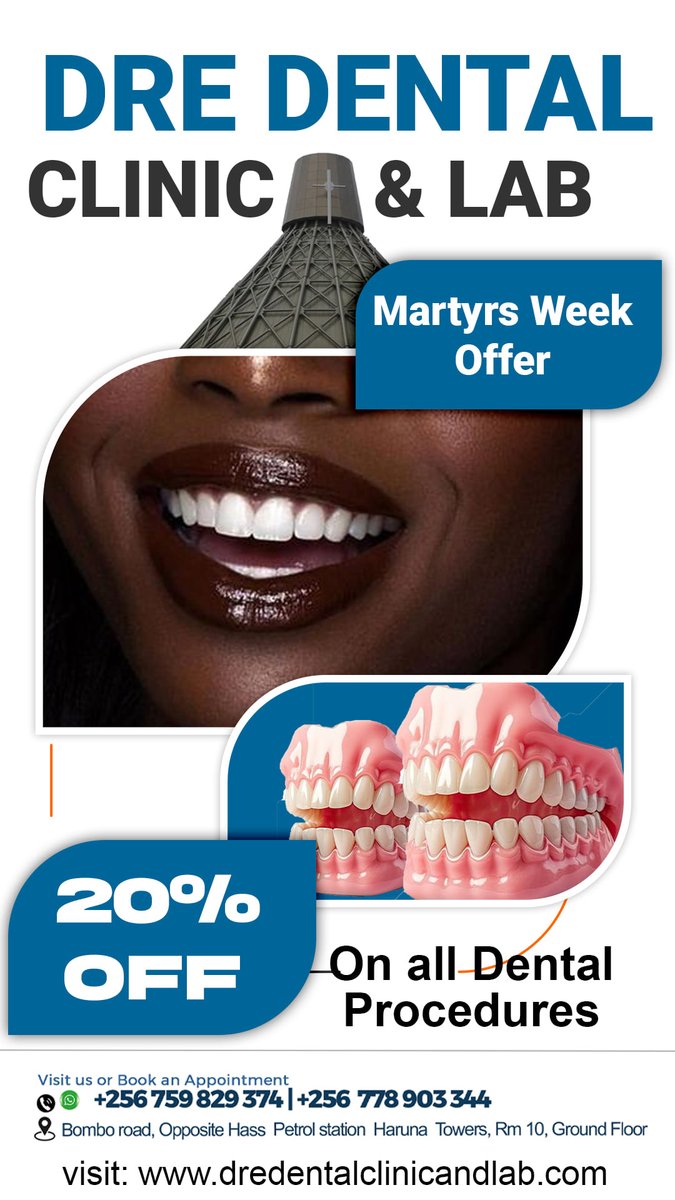 Dredental's tweet photo. Smile Brighter with 20% Off at Dre Dental Clinic!
Celebrate Uganda Martyrs Week with a healthy, beautiful smile! Enjoy 20% off on all dental procedures. Visit us at Haruna Towers, Ground Floor Room 10, Bombo Road, opposite Hass Petrol Station, Kubiri Round. 0759 829 374 https://t.co/BBoptux3Ai