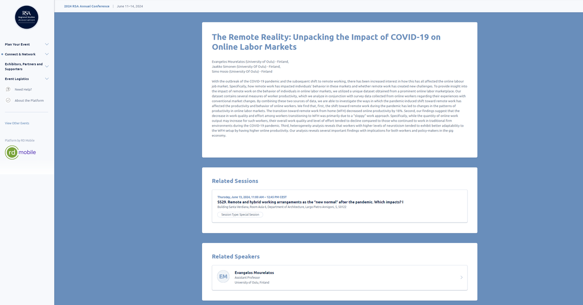 I'm excited to present next week, my latest working paper, "The Remote Reality: Unpacking the Impact of COVID-19 on Online Labor Markets," at the 2024 RSA Annual Conference in Florence, Italy. 
#economics