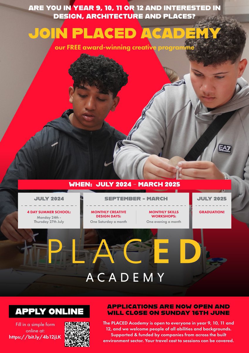 APPLICATIONS FOR #PLACEDAcademy 2024-25 ARE NOW OPEN 📣

Are you in Year 9, 10, 11 or 12 and interested in design, architecture and places?! Then check out our award-winning FREE creative Academy programme 🎓

Visit: 🔗 bit.ly/3yg4T1W to APPLY NOW! #PLACED