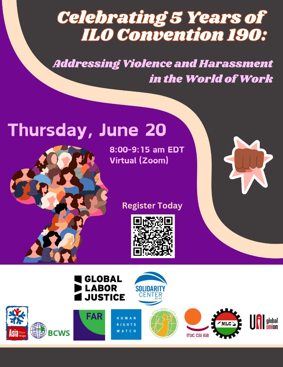 Celebrate the 5th anniversary of ILO Convention C190 with us! 🌍✊ 

Join the discussion on bridging labor &amp; women's rights to tackle gender based violence &amp; harassment on June 20, 8 a.m. ET. #C190 #EndGBVH #WorkerRights #GenderEquality

🔗 bit.ly/4aSq8Ei