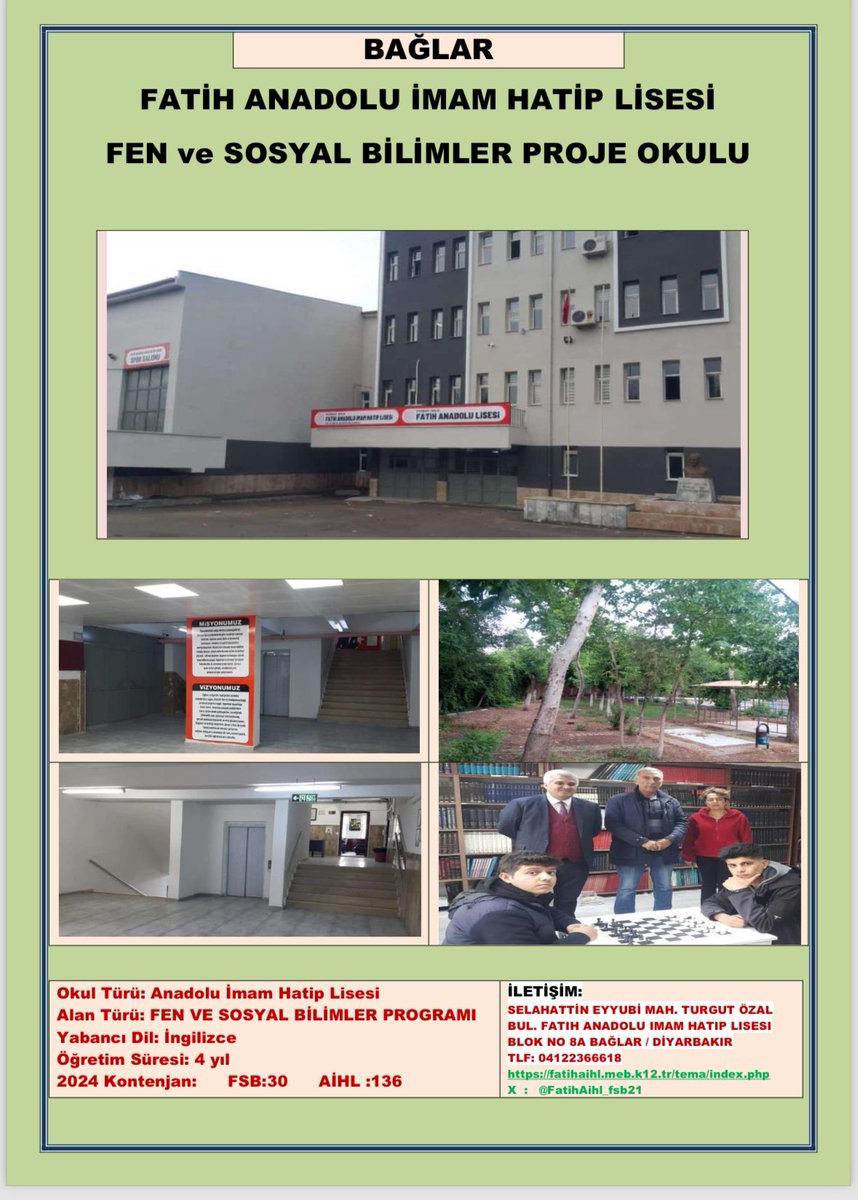 Okulumuz 2024-2025 Kontenjanları
Fsb :  30
Aihl:  136
<a href="/tcmeb/">Millî Eğitim Bakanlığı</a> 
<a href="/Yusuf__Tekin/">Yusuf Tekin</a>
<a href="/Diyarbakirmem/">Diyarbakır İl Millî Eğitim Müdürlüğü</a> 
<a href="/Murat4Kucukali/">Murat Küçükali</a>
<a href="/BaglarMEM21/">Bağlar İlçe Milli Eğitim Müdürlüğü</a>
<a href="/meb_dinogretimi/">MEB Din Öğretimi Genel Müdürlüğü</a>