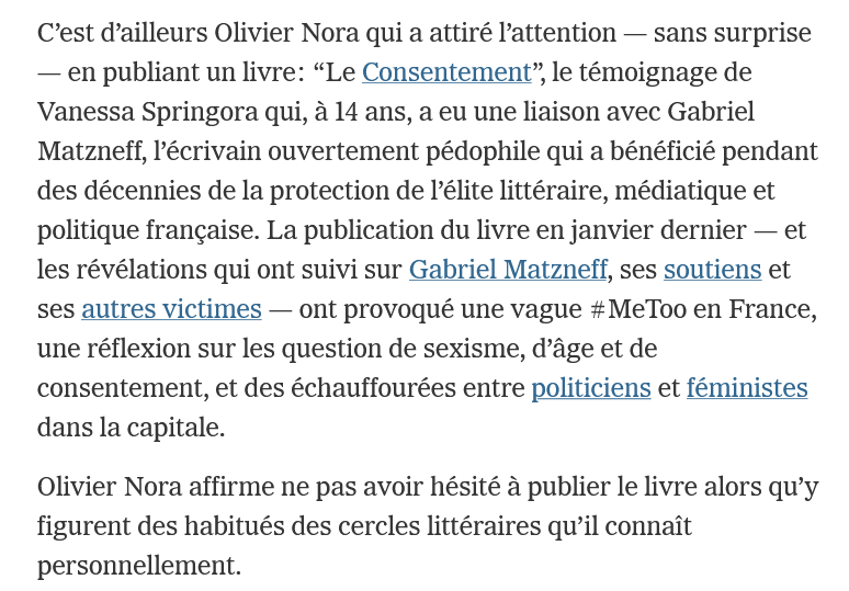 FrancescaRGee's tweet photo. L'hypocrisie d'Olivier Nora pdg de #Grasset
Il prétend vouloir faire la lumière sur l'omerta dans le milieu de l'édition, tout en cachant que c'est sa collaboratrice Ariane Fasquelle (décédée en 2016) qui a permis et facilité la liaison entre #Matzneff et #Springora !
Et pour éviter que ça ne se sache, il a fait cesser la distribution de 15 des livres de Matzneff, tout en faisant rappeler ceux qui se trouvaient déjà en librairie.
Cette affaire Matzneff-Springora c'est vraiment la conspiration du silence.
#LeConsentement

voir ici éloge post-mortem d'Ariane Fasquelle par Olivier Nora⬇️
https://t.co/2bcoJnALMG

... et mon premier post sur cette affaire⬇️
https://t.co/d5zi3wYtbI