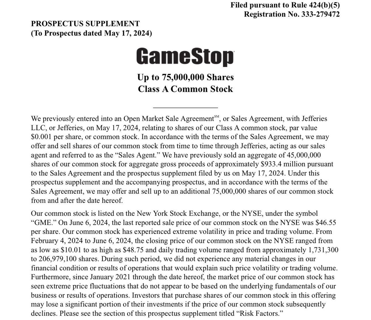 Adam (@adam_tang) on Twitter photo <a href="/Ryan__Rigg/">Wolf of My Street🏡</a> I hate to break it to you all, but $gme <a href="/gamestop/">GameStop</a> #gme has not begun selling the additional 75m shares yet. This filing still needs SEC approval, hence the language “we may offer…”
When a company files a 424(b)(5) prospectus to sell more shares, the timeline for when they can <a href="/Ryan__Rigg/">Wolf of My Street🏡</a> I hate to break it to you all, but $gme <a href="/gamestop/">GameStop</a> #gme has not begun selling the additional 75m shares yet. This filing still needs SEC approval, hence the language “we may offer…”
When a company files a 424(b)(5) prospectus to sell more shares, the timeline for when they can