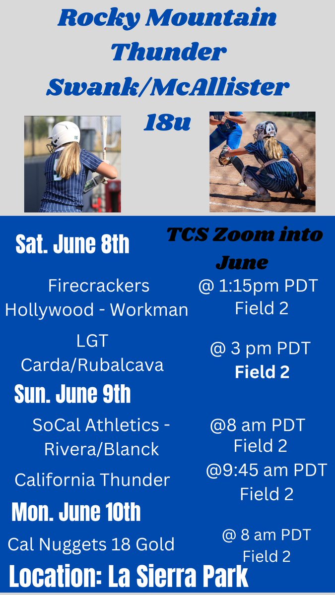 I am very excited for the Zoom into June tournament in California this weekend. Come check us out!! <a href="/AdamsStateSBall/">Adams State University Softball</a> <a href="/UCCSSoftball/">UCCSSoftball</a> <a href="/paigeyadairr/">Paige Adair</a> <a href="/Coach_G_CMU/">WillieHinojosa</a>