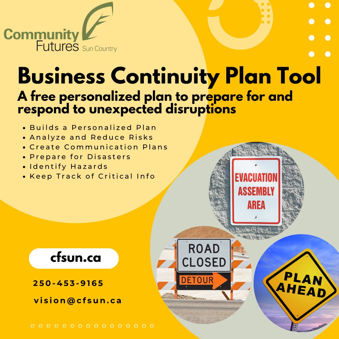CFSunCountry's tweet photo. You can access the FREE Business Continuity Tool from Community Futures to prepare your business at:
https://t.co/IFfwcXWvoK
#CFSunCountry #SmallBusinessSupport #SmallBusinessTool #BusinessContinuity #DisasterPreparedness #DisasterPlanning https://t.co/aKKk53MoEi