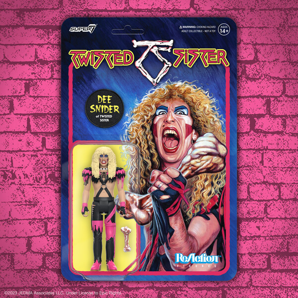 super7store's tweet photo. Inspired by the cover art from the band’s 1984 album Stay Hungry, this 3.75” scale Twisted Sister ReAction Figure of Dee Snider features the iconic frontman in his black and pink outfit, and comes with bloody bone accessory.  Shop now on https://t.co/4d9kFA3bDt! #Super7 https://t.co/QwH7YqetIQ