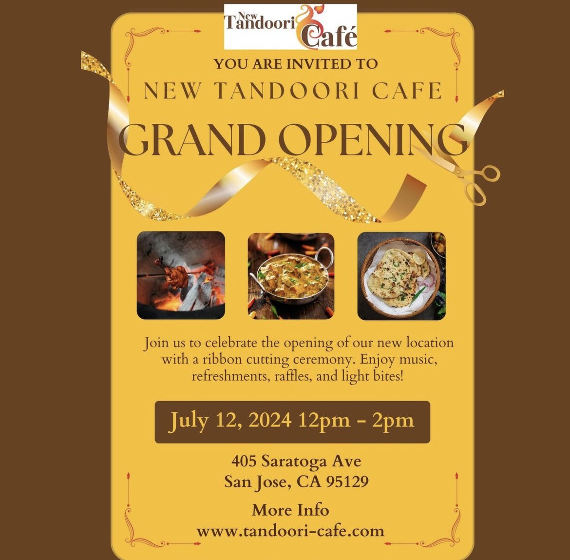 Join us for the Ribbon Cutting Ceremony celebrating the grand opening of New Tandoori Cafe on Fri, July 12t at 12:00 PM! Experience the authentic flavors of Pakistani and Indian cuisine, featuring halal meat and traditional recipes in a fast-casual setting.