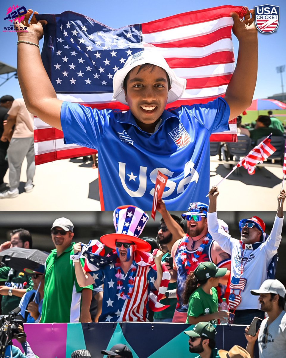usacricket's tweet photo. Stars, stripes, and endless cheers — our fans are the real MVP’s 🤩🔥

#T20WorldCup | #WeAreUSACricket 🇺🇸

📸: ICC/Getty https://t.co/tW5vTwVxHI