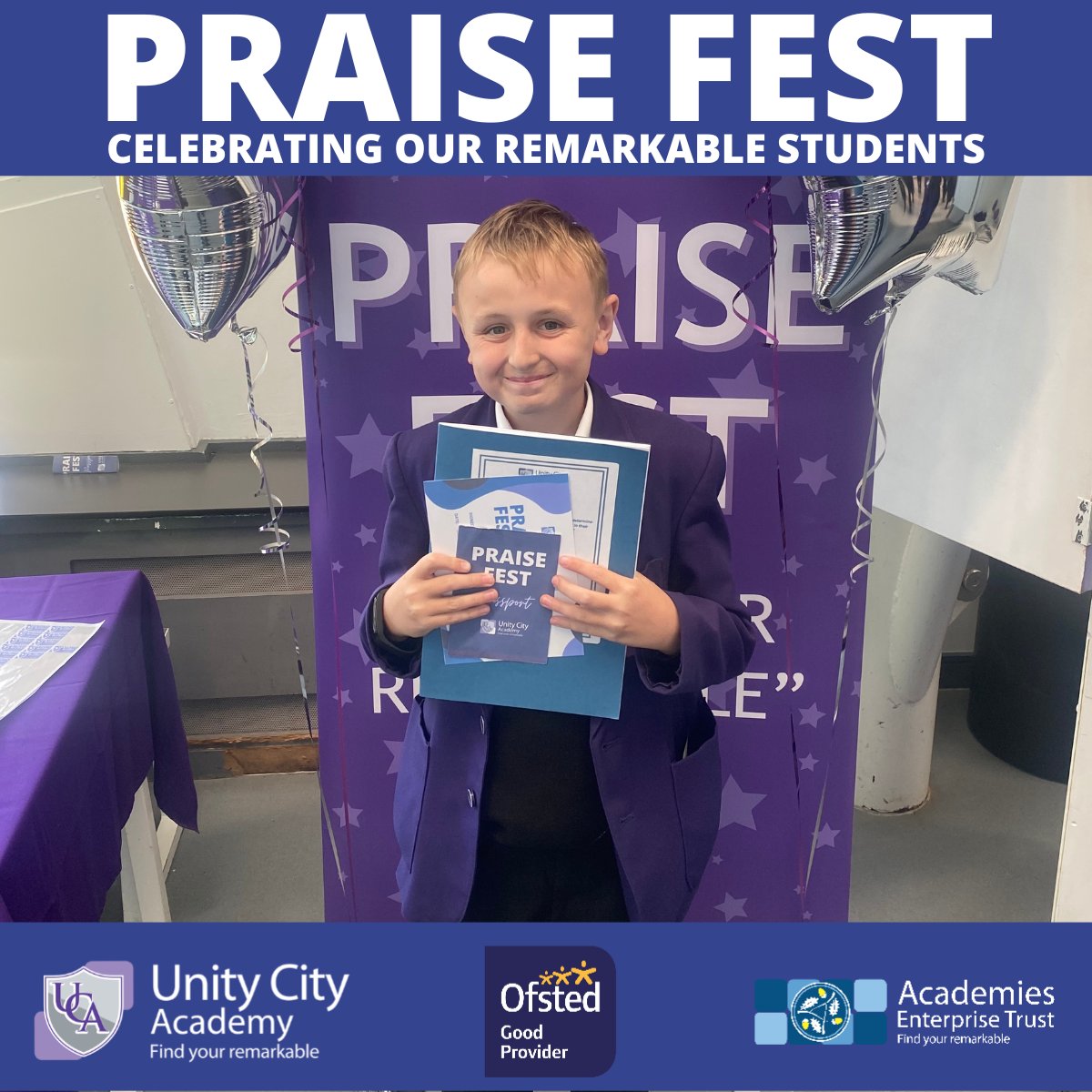 Lift_Unity_City's tweet photo. 2/3 Every Friday is 'Positive Friday' at UCA!

Students  were given the opportunity on Friday at our 'praise fest' to present  their best work at lunchtime, and collect their stamp in the 'praise  passports' which can earn them some amazing prizes.

#oneaet #praisefestival https://t.co/HEIyv6blhf