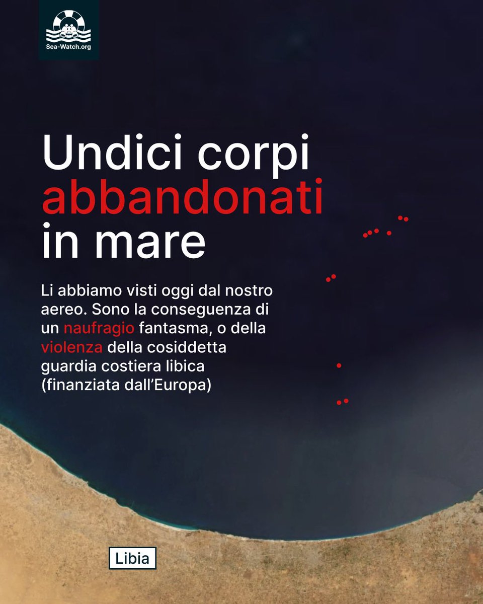 Oggi il nostro aereo #Seabird ha avvistato 11 corpi senza vita al largo della Libia, non sappiamo se siano tutti parte dello stesso naufragio fantasma.

Questo è ciò che accade nel Mediterraneo, anche quando nessuno lo vede.
