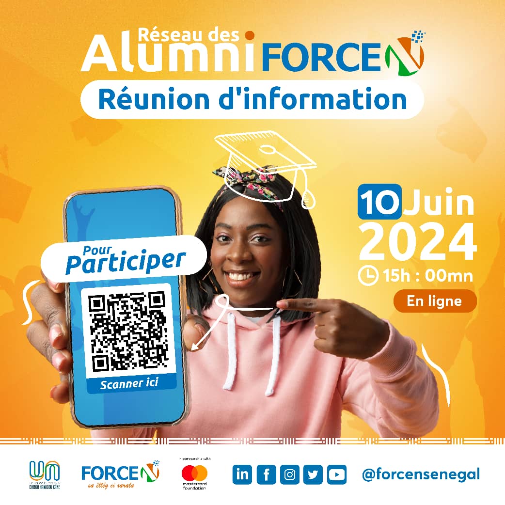 forcensenegal's tweet photo. [ #Composante #AIPEN ]

📢 @forcensenegal est ravi de vous annoncer la tenue du webinaire de lancement officiel du #Réseau des #Alumnis de FORCE-N (RAP FORCE-N).
🔗 Lien pour y assister : https://t.co/FlZOtKgjZc ⤵️

#Forcen #unchk_sn #MastercardFoundation https://t.co/5G8ePzBr5Y