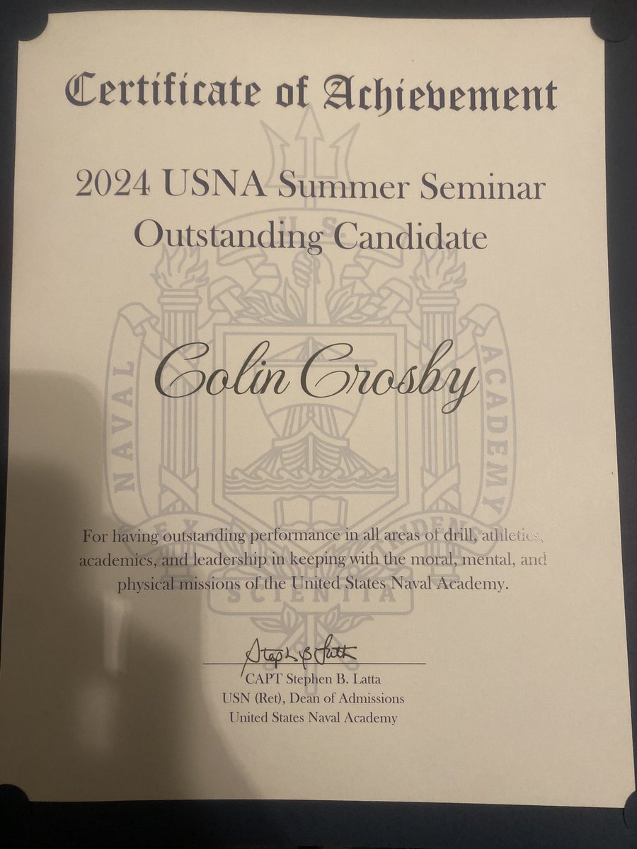 Colin Crosby (@colincrosby_) on Twitter photo Had the honor of attending the USNA Summer Seminar and winning Outstanding Candidate for my company. Truly a extraordinary and exceptional place. <a href="/SPXrecruiting/">St. Pius X Football College Recruiting</a> <a href="/Drew_Cronic/">Coach Cronic @ Navy</a> <a href="/DannyPayneNavy/">Danny Payne</a> <a href="/GreenRB21/">R.B. Green</a> <a href="/CourtneyWeiner2/">Courtney Weiner</a> <a href="/JMacDonald_Navy/">Jason MacDonald</a> @CoachLMoyer Had the honor of attending the USNA Summer Seminar and winning Outstanding Candidate for my company. Truly a extraordinary and exceptional place. <a href="/SPXrecruiting/">St. Pius X Football College Recruiting</a> <a href="/Drew_Cronic/">Coach Cronic @ Navy</a> <a href="/DannyPayneNavy/">Danny Payne</a> <a href="/GreenRB21/">R.B. Green</a> <a href="/CourtneyWeiner2/">Courtney Weiner</a> <a href="/JMacDonald_Navy/">Jason MacDonald</a> @CoachLMoyer
