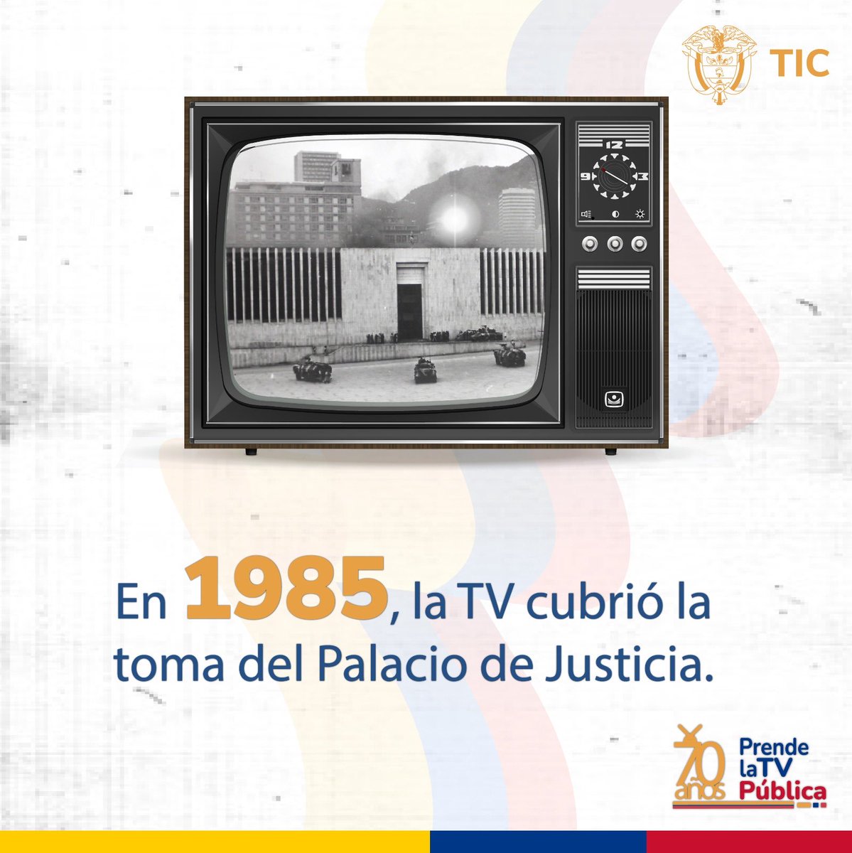 En 1985, la TV colombiana cubrió la toma del Palacio de Justicia, informando al país en tiempo real. 🏛️ ¡Prepárate para celebrar los #70añosDeTVEnColombia el 12 de junio desde las 7:00 PM!
